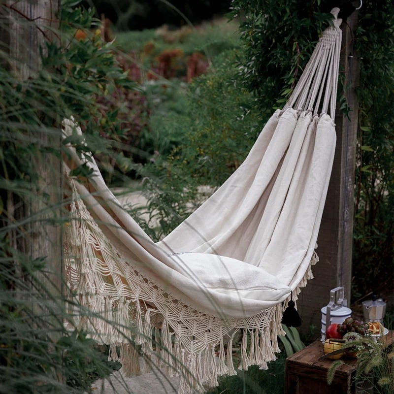 กลางแจ้งเฟอร์นิเจอร์Nordicเปลญวนบ้านCamping Picnic Garden Hammockโบฮีเมียนคู่เดียวSwingสีขาวHammock