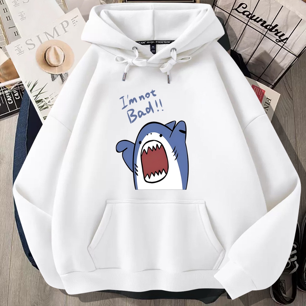 ปลาฉลาม เสื้อฮู้ด แขนยาว อเนกประสงค์ อ่อนนุ่ม สวย การ์ตูน "I'm not bad!!"สีดำ สีขาว สีเทา ชุดคู่ M-3XL【VT】
