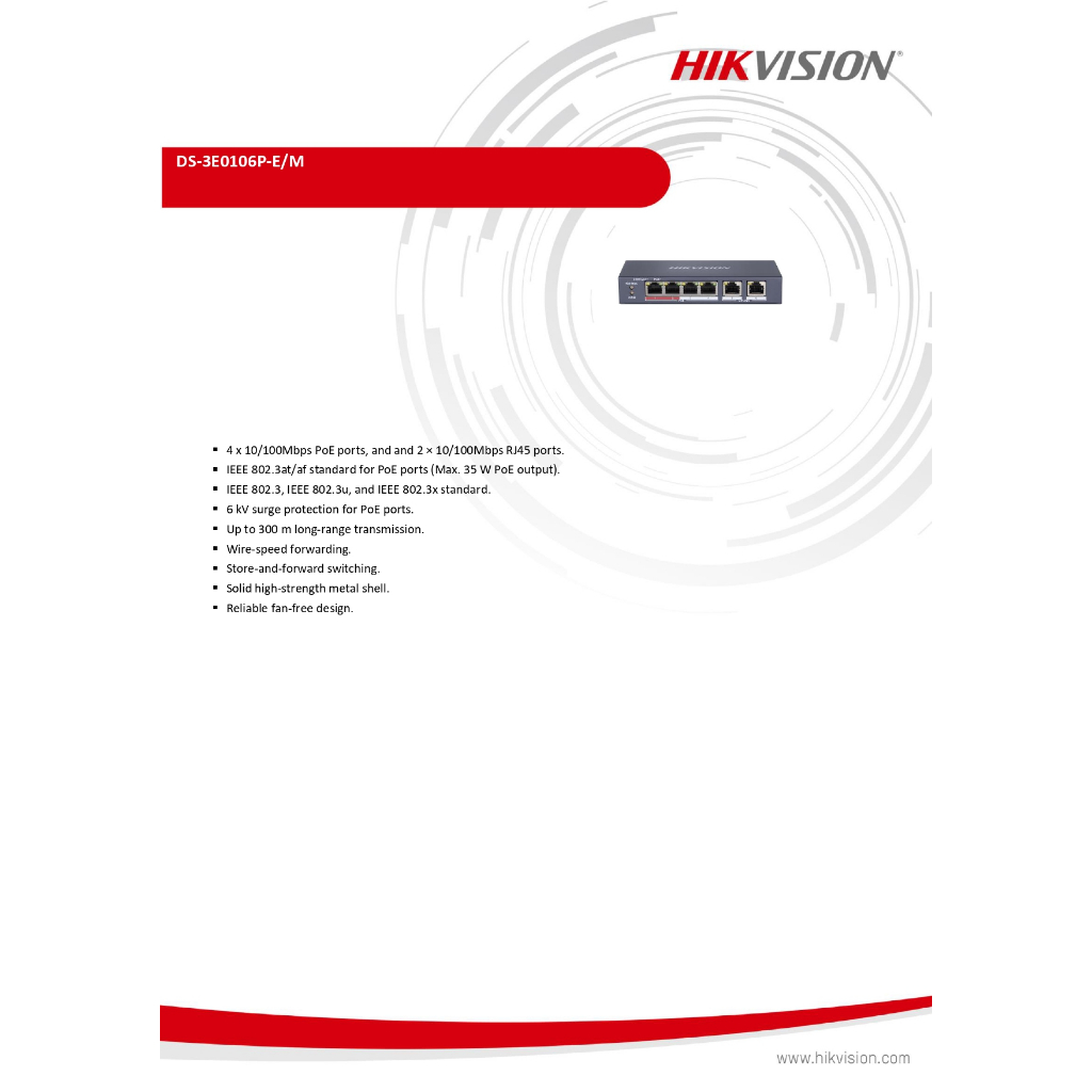 HIKVISION DS-3E0106P-E/M POE Switch จำนวน 4+2 ช่อง,Uplink (Unmanaged) (รับประกัน 3 ปี)