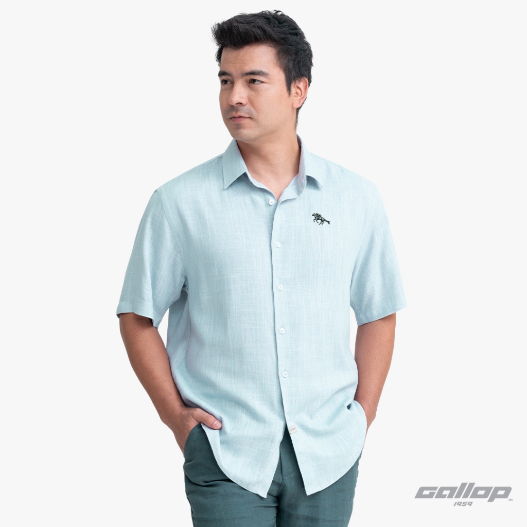 GALLOP : LINEN CASUAL SHIRT เสื้อเชิ๊ตผ้าลินินแขนสั้น รุ่น GW9033 สี BLUE GREEN - เขียวหม่นฟ้า / ราคาปกติ 1490.-