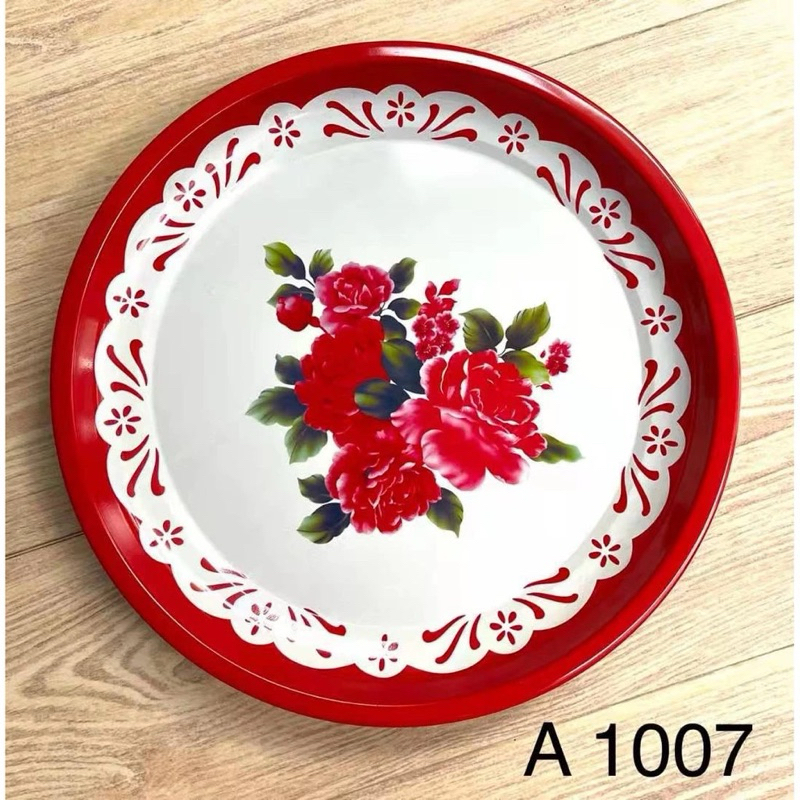ถาดกลมลายดอกไม้สีแดง ถาดสังกะสีเคลือบผิวลายดอก ขนาด 30 cm พานสแตนเลสถวายพระ
