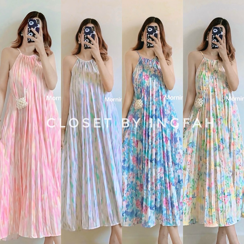 Maxi dress ชุดเดรสอัดพลีท ลายดอกไม้ มัดย้อม สีหวาน