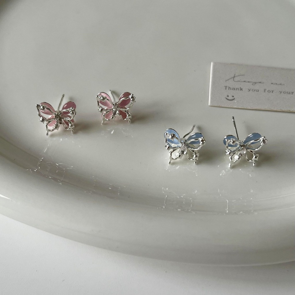 🔥พร้อมส่ง🔥 ต่างหูก้านเงิน 92.5% ต่างหูคริสตัลผีเสื้อ - รูปที่ 2
