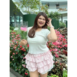 CiCi Plus+(93110-2) เสื้อแขนสั้นคอยู แต่งขอบลูกไม้ มินิมอล สไตล์พลัสไซส์