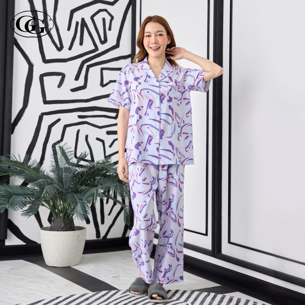 G&G ชุดนอน เสื้อแขนสั้นคอปก กางเกงขายาว ผ้าไหมอิตาลี EN4P008 สีม่วง (VI)