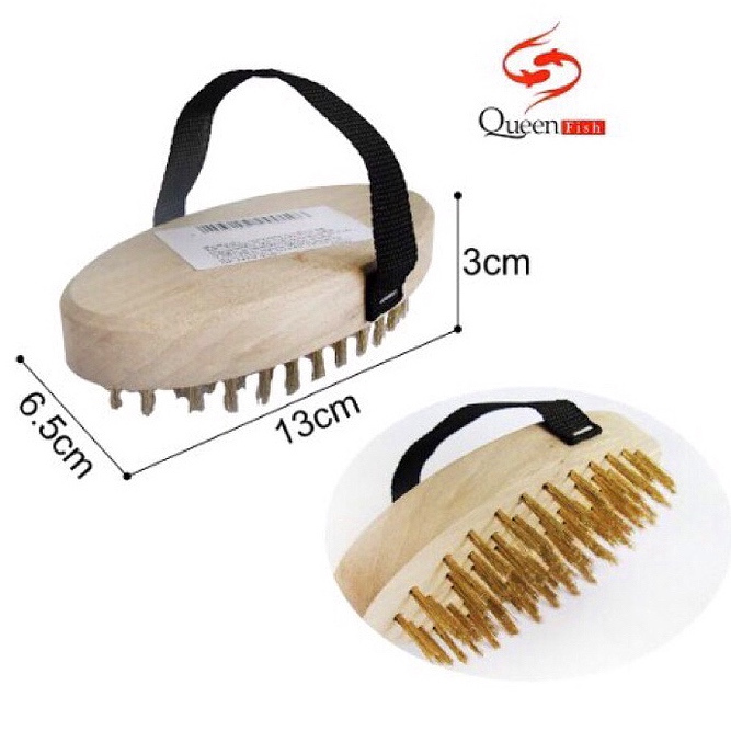 แปรงลวดทองเหลืองวงรี (มีสายรัด) Queenfish QF-H19(A) แปรงด้ามไม้ แปรงขัดกระทะ แปรงขัดมือถือ