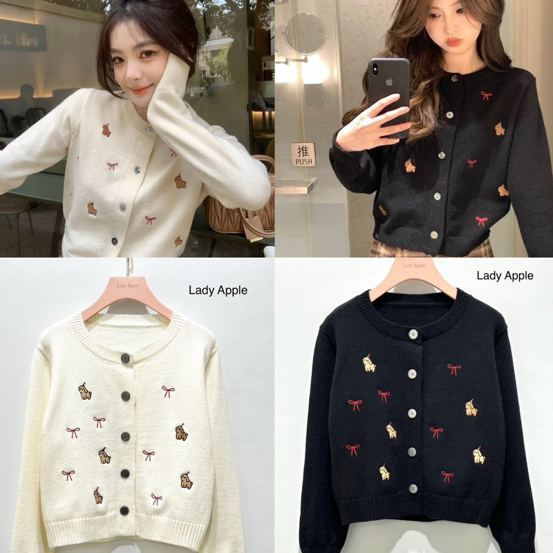 Lady Apple Cutie Bow Cardigan : เสื่อคลุมผ้านุ่มปักลายโบว์และน้องหมาน่ารักมากก