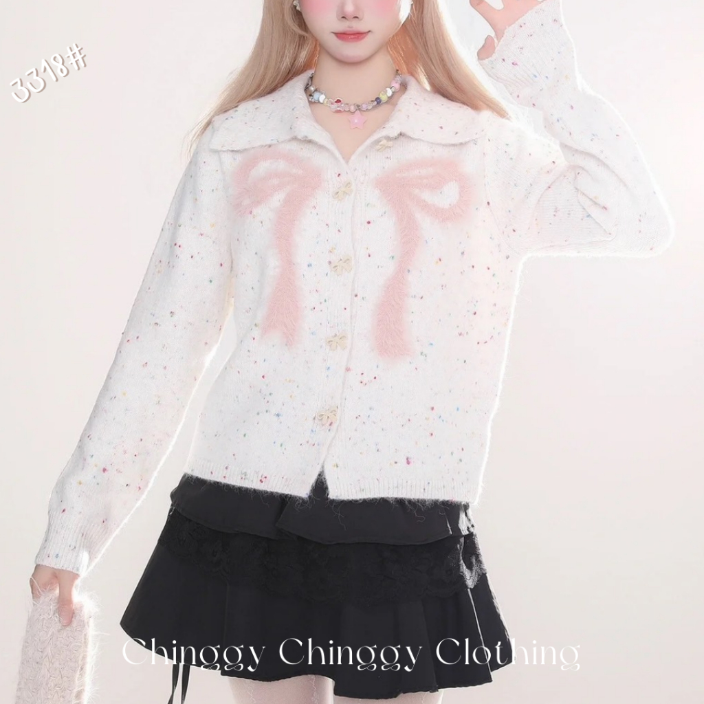 [Chinggy] 3318# เสื้อแขนยาวแฟชั่นน่ารักๆ กระดุมน้อนโบว์ เนื้อผ้าไหมพรม ผ้านิ่มใส่สบาย