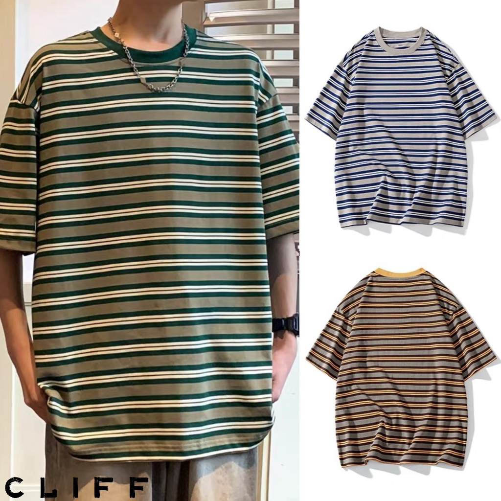 CLIFF เสื้อยืดผู้ชาย คอกลม แขนสั้นลายทาง เสื้อผู้หญิง ชุดคู่รัก แบบหลวม แมทช์ลุคง่าย