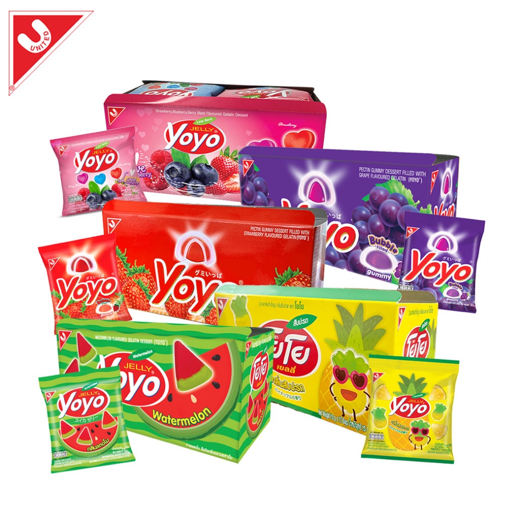 Yoyo Bubble องุ่น,สตรอเบอร์รี่ 15กรัม 1กล่องมี12ซอง,โยโย ฟรุตตี้,โยโย เลิฟ เบอร์รี เยลลี่รูปหัวใจ