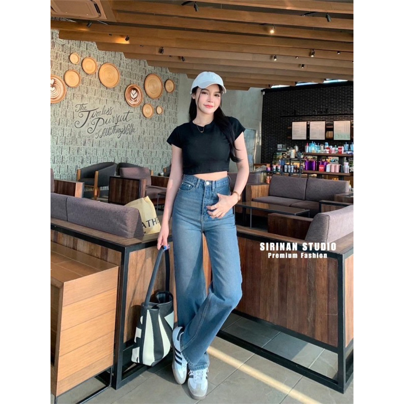 กางเกงยีนส์ทรงกระบอกใหญ่ เอวสูง เก็บพุงป้าย Sirinan Studio
