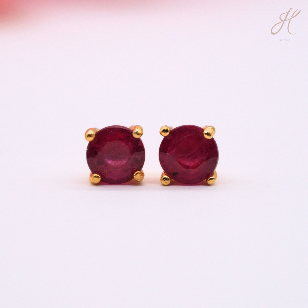 ต่างหูทับทิมพม่ากลม Ruby Earring Stud 4mm YG