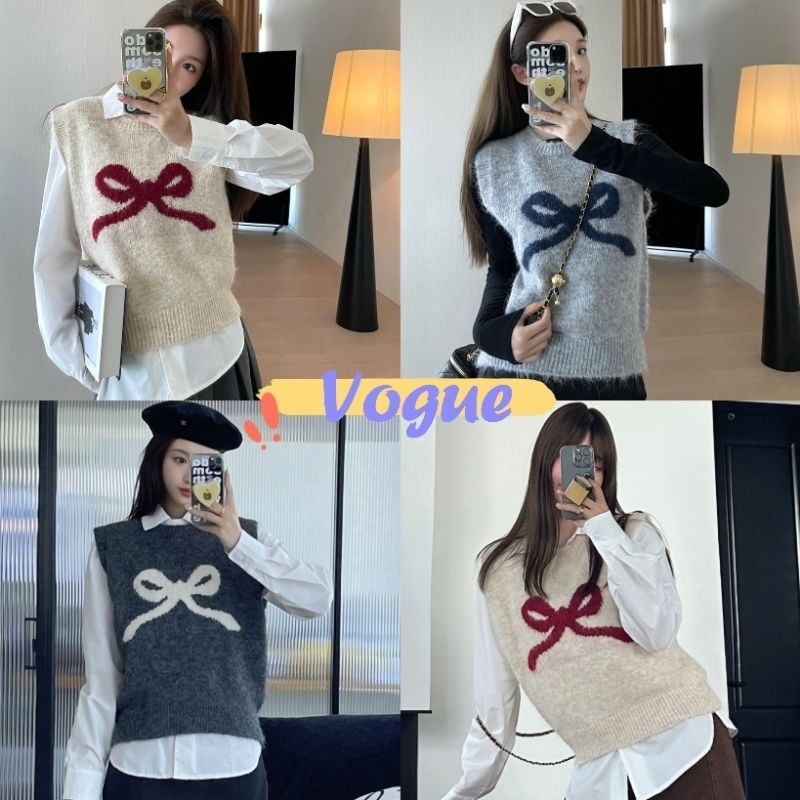 Vogue พร้อมส่ง เสื้อถักไหมพรม แขนกุด คอกบม ดีเทลลายโบว์ (Z-YT31)