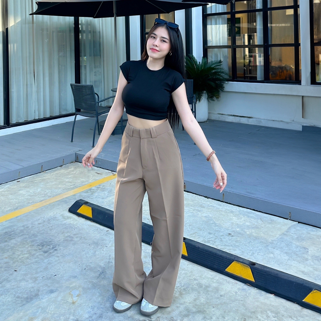 🌈MesubShop🌈กางเกงขายาว กางเกงขากระบอกใหญ่ ผ้าโรเซฟ 🌸 กระบอกใหญ่พรางหุ่นดีสุด มีกระเป๋าข้าง รุ่น กางเกงกระบอกใหญ่
