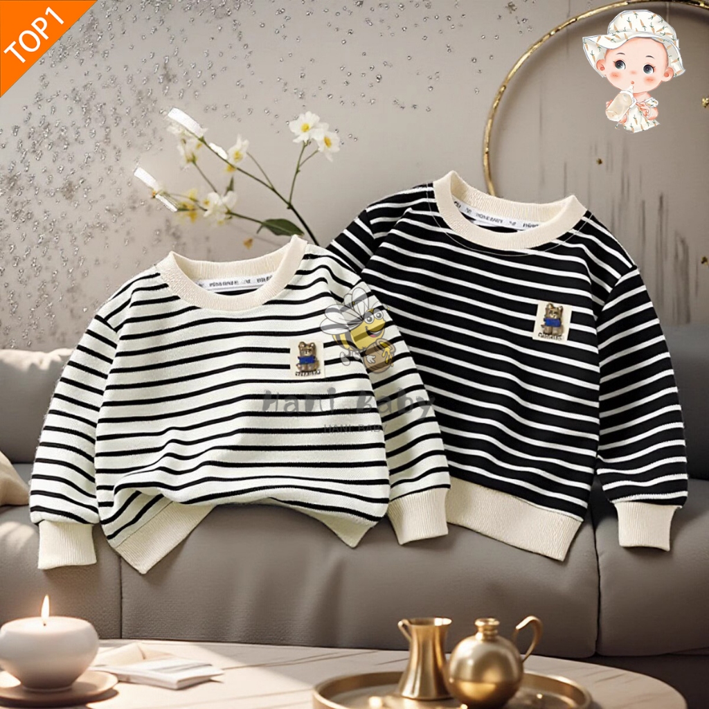 เสื้อกันหนาวเด็กสีดำขาว เสื้อแขนยาวเด็ก สไตล์เกาหลี ผ้านิ่ม ใส่สบาย เด็ก 0-6 ขวบ