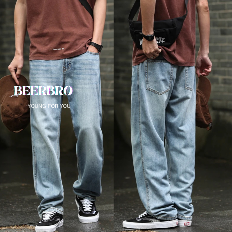 beerbroth-กางเกงยีนส์ผู้ชาย ไซส์ใหญ่ เเฟชั่นสไตล์เกาหลี ผ้าไม่ยืด ขากระบอก ทรงกระบอกเอวสูง เท่ๆ สีฟ้าอ่อน baggyjeans