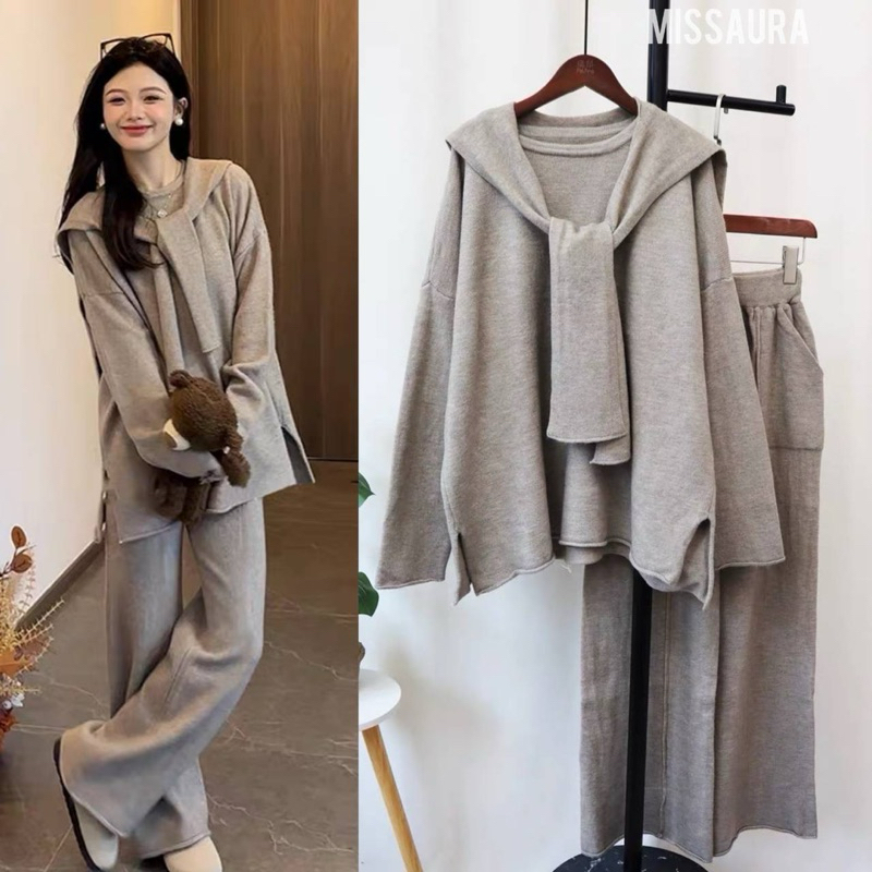 Missaura เซ็ตไหมพรม 3ชิ้น เสื้อ+ขายาว พร้อมคลุมไหล่