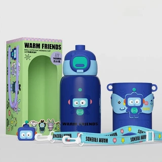 ฟรีสายคล้องคอ กระติกน้ำเด็ก 2 in 1 ลายการ์ตูน3D ขนาด 450ML สแตนเลส316 พร้อมหลอดดูด และเก็บอุณหภูมิ 8-10 ชั่วโมง พกพาไปโร