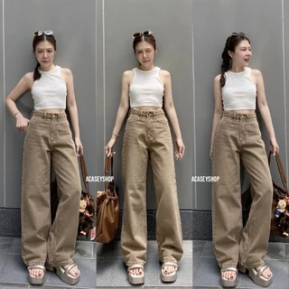 Acasey กางเกงยีนส์ผู้หญิง ขายาว Daisy Jeans กระบอกใหญ่ เฟดฟอก ไซส์ S - XL กางเกงสีน้ำตาล