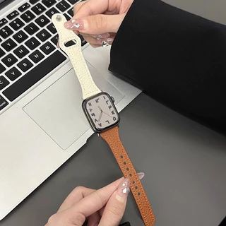 สายนาฬิกาหนังแท้ เหมาะสำหรับ iwatch11/10/9/8/7/6/5/4/3/2/1se ตะปูเดี่ยว สายรัดสีทึบขนาดเล็ก 49/46/45/44/42/41/38/40mm