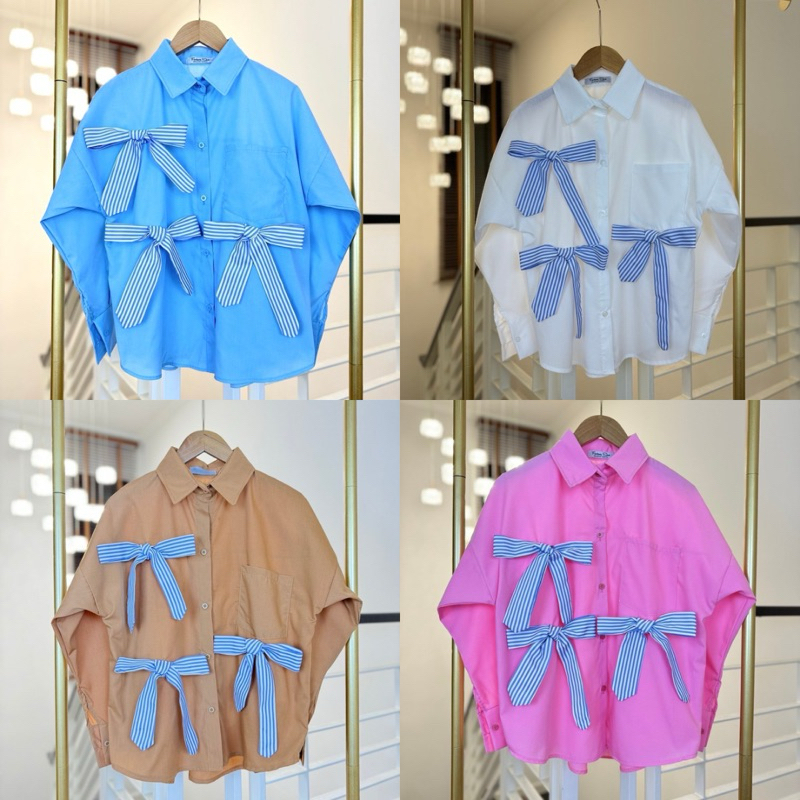 เสื้อเชิ้ตแต่งโบว์ริ้วสวยเก๋ ไม่ซ้ำใคร เนื้อผ้าคอตตอน cotton ใส่สบาย มี10สี fantasy