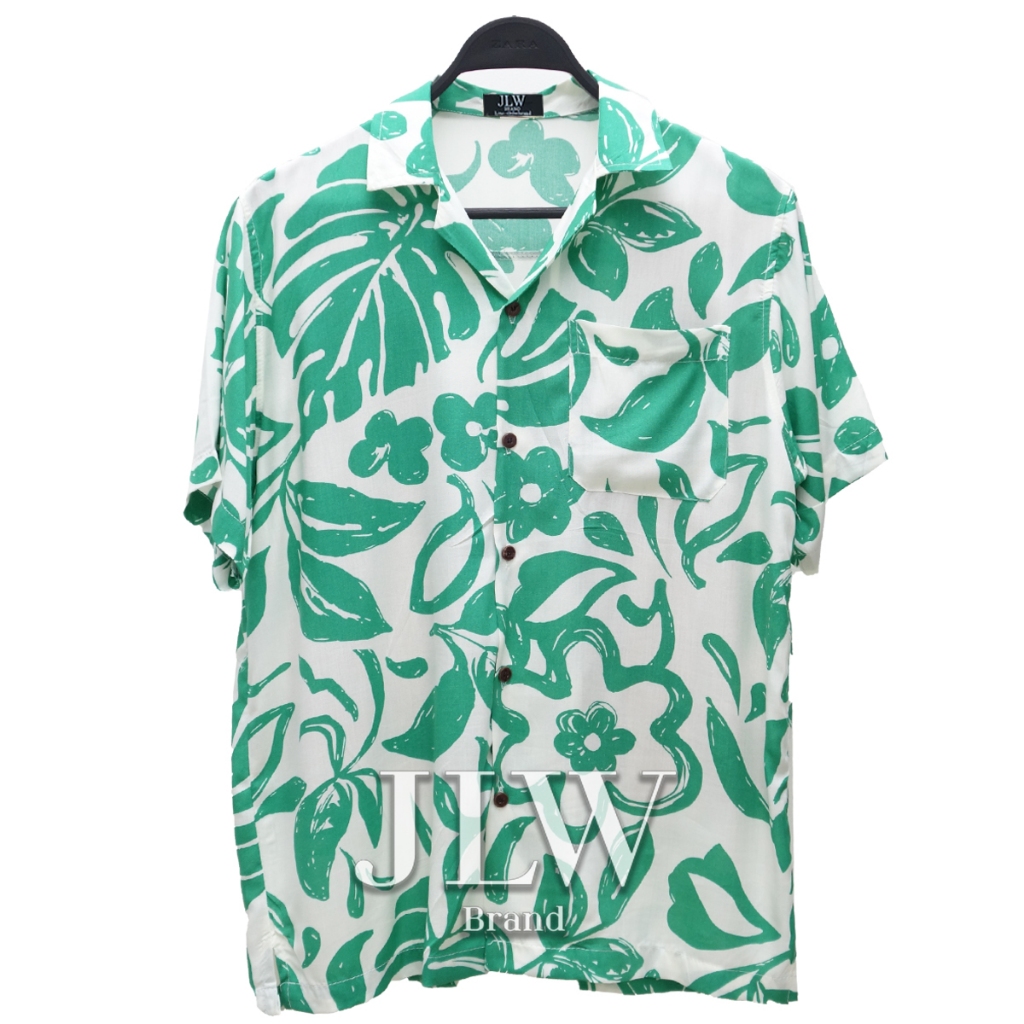เสื้อฮาวาย ลายใบเพ้นท์ เขียว ผ้านิ่ม M L XL Oversize คอฮาวาย JLW BRAND