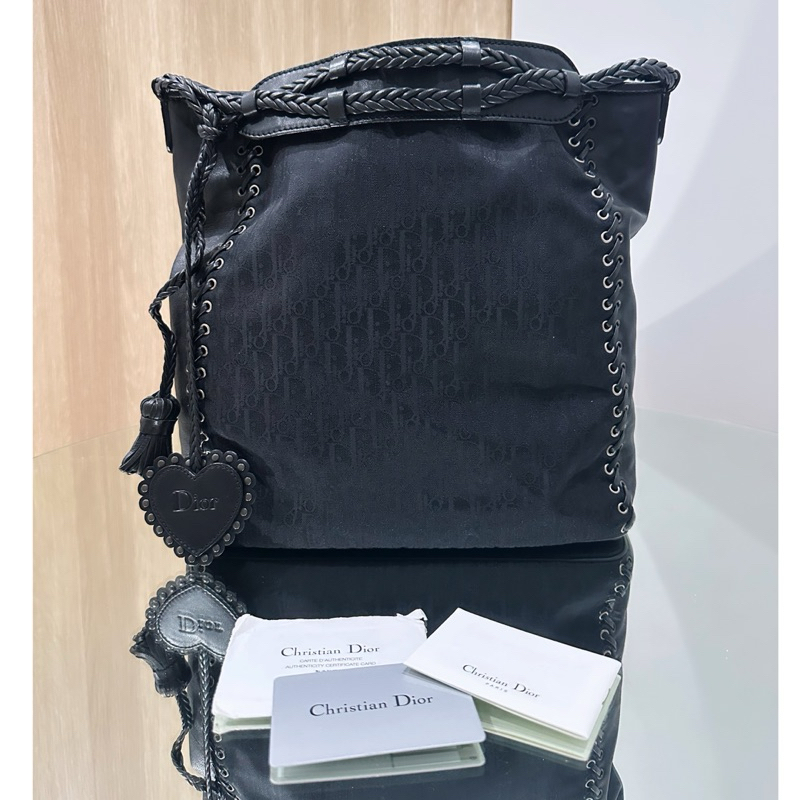 กระเป๋าทรงถัง Authentic Chris❤️tian Di❤️or Trotter Canvas Shoulder Bag Black 07-BO-0057 Made in Ital