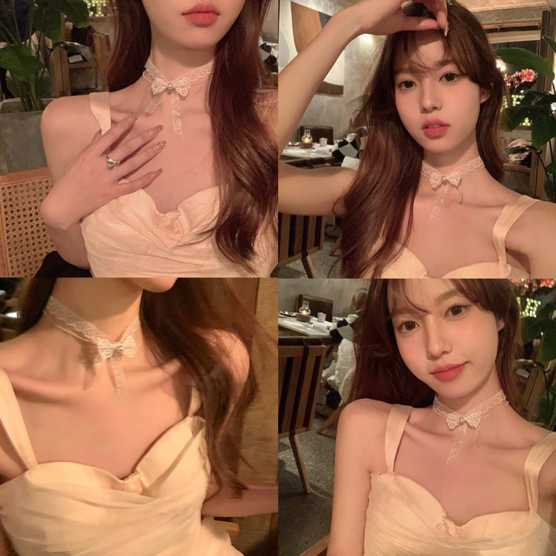 สร้อยคอโชคเกอร์ ประดับโบว์ ลูกไม้สีขาว