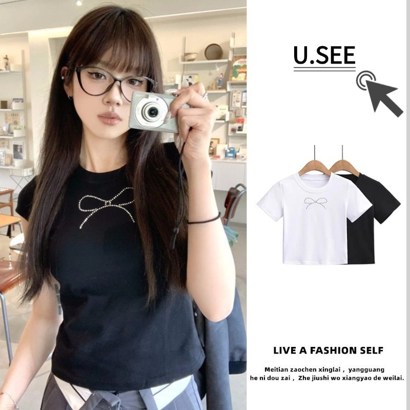 4สี เสื้อยืดครอป เสื้อยืดแขนสั้น ประดับเพชร พิมพ์ลายโบว์ เเบบสุดฮิต#2235