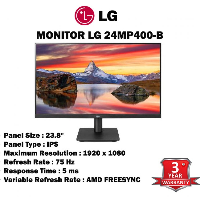 10.10 (24MP400-B) 23.8'' Monitor จอมอนิเตอร์ LG  1920 x 1080 @ 75Hz Full HD IPS FreeSyncประกัน 3