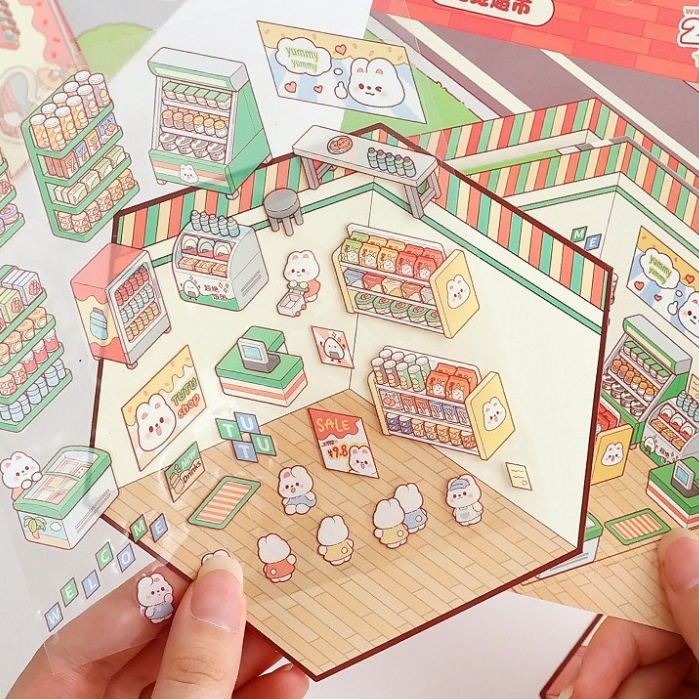 😊 พร้อมส่งร้านไทย 😊 Scene Sticker สติกเกอร์ ฉาก บ้านตุ๊กตา DIY ลายกระต่ายน่ารัก แปะได้ตามใจชอบ
