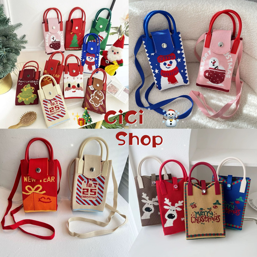 Cicishop(SALE SD125)กระเป๋าใส่โทรศัพท์ ผ้าถัก มาพร้อมสายสะพาย ลายคริสต์มาสน่ารักๆ มินิมอล