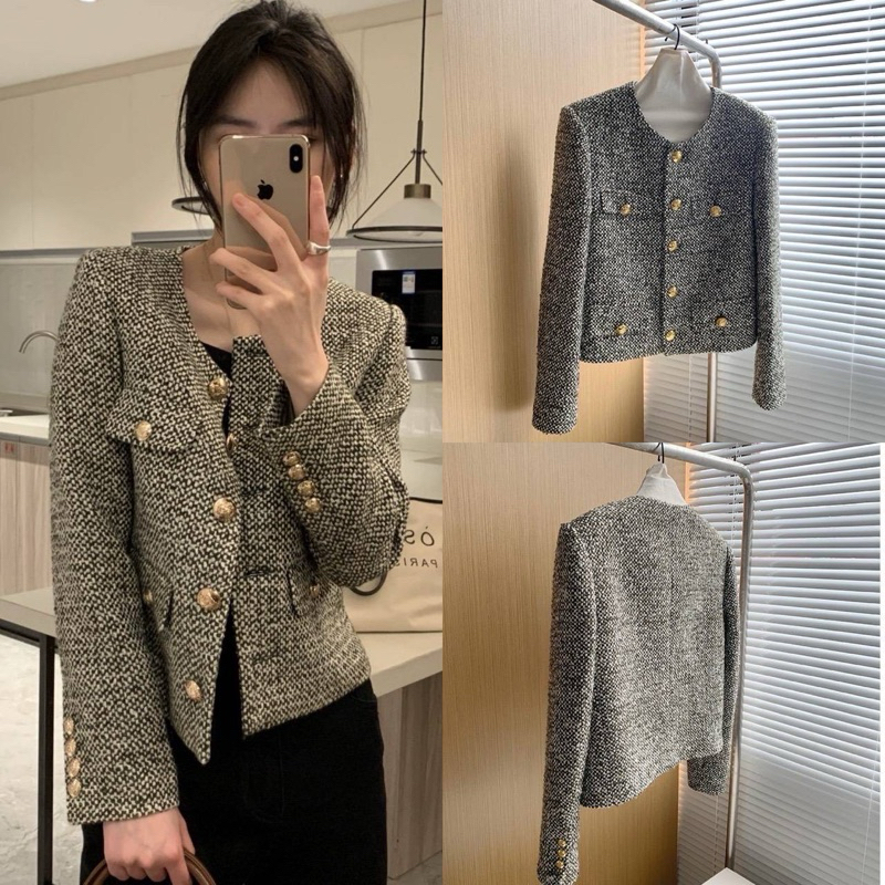 📍พร้อมส่ง📍เสื้อคลุมแขนยาวผ้าทวีดติดกระดุมหน้าสีทอง TAG: SUO NI SHA