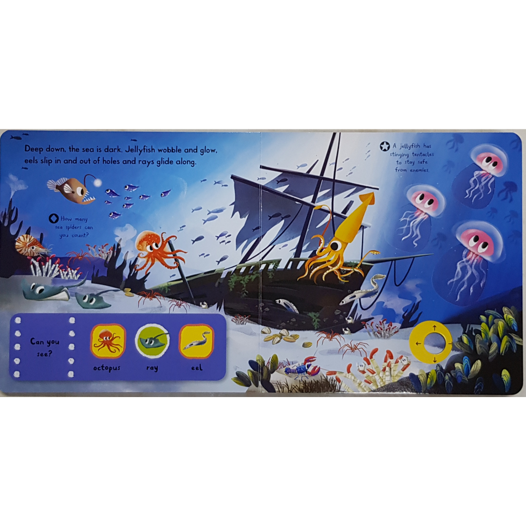 ดึง Sea Creatures (push pull slide board book) เหมาะสำหรับ 1+ กระดาษแข็งหนาทุกหน้า