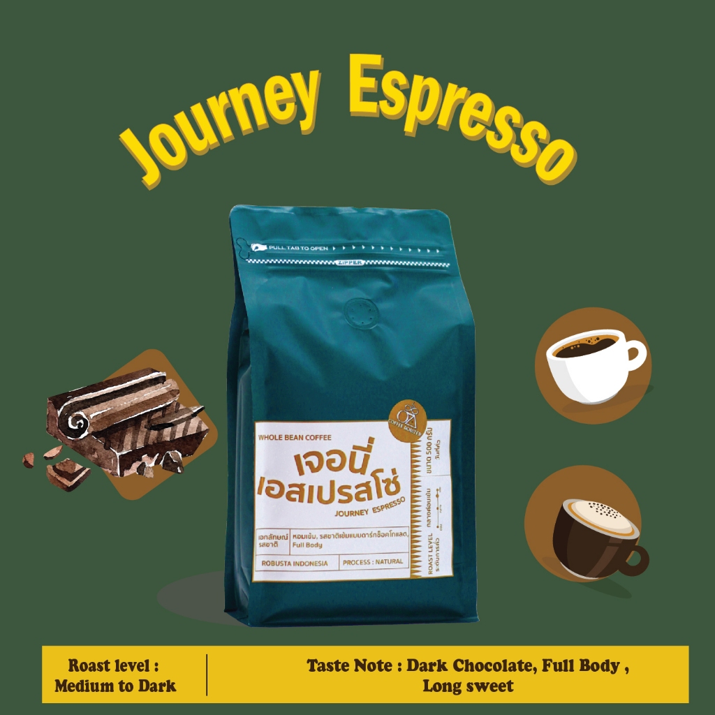 Journey Espresso เจอนี่เอสเปรสโซ่ เมล็ดกาแฟ คั่วกลางค่อนเข้ม Oz Coffee Roaster Shop ขนาด 500 กรัม