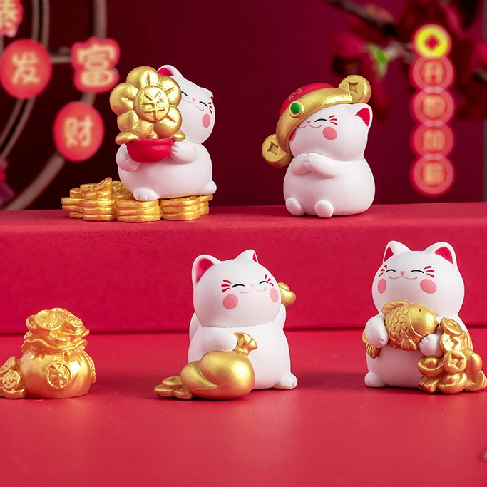A047 ตุ๊กตาจิ๋ว ชุดแมวมงคล 4 ชิ้น สำหรับตกแต่งสวนถาด แต่งสวนจิ๋ว  แต่งบ้าน ของขวัญ แต่งงาน ส่งจากไทย