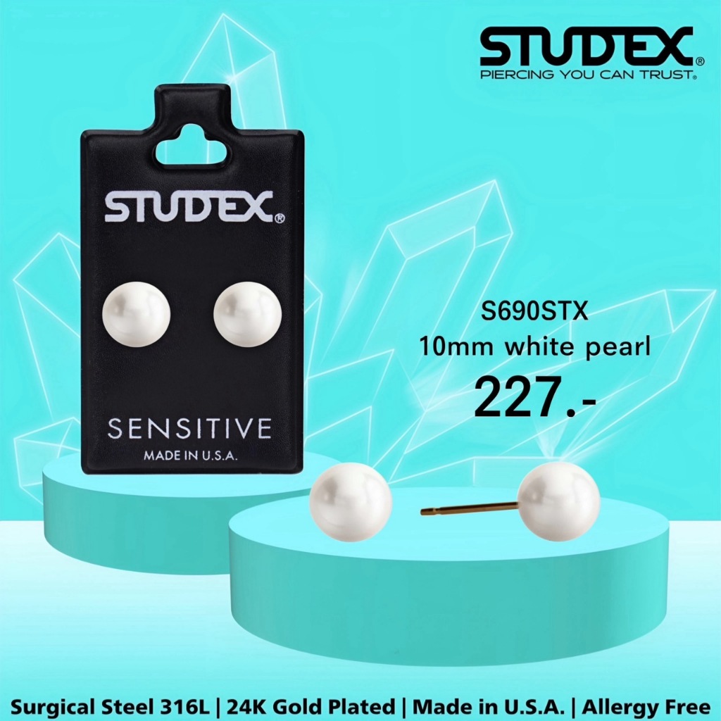 STUDEX S690STX ต่างหูแฟชั่นสำหรับหูแพ้ง่าย เคลือบทอง 24K 10MM WHITE PEARL