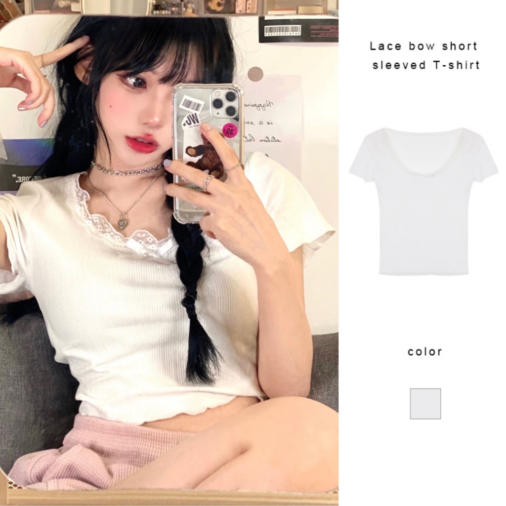 เสื้อยืดแขนสั้นโบว์ลูกไม้ผู้หญิงออกแบบเสื้อยืดสั้นกระชับสัดส่วน Sense Chic Top LIVE