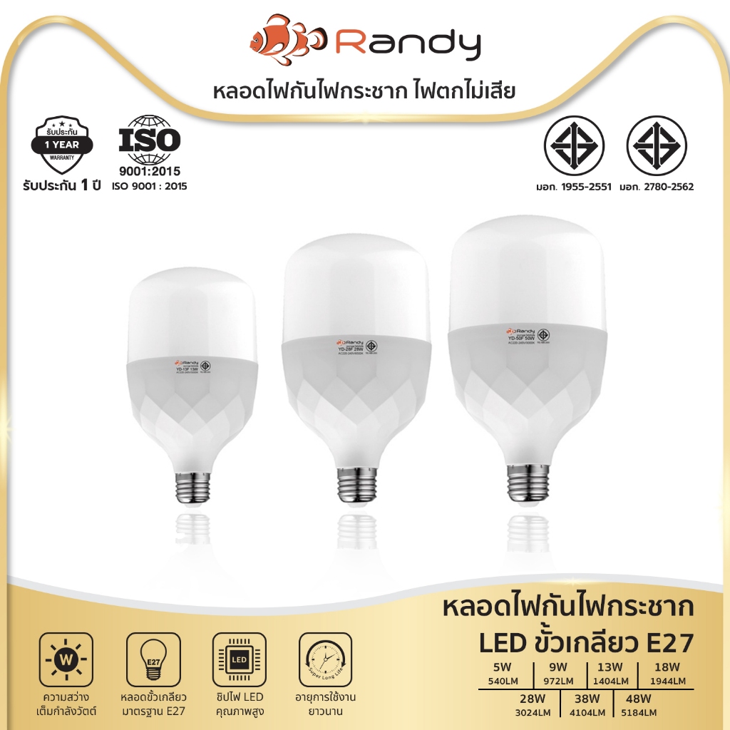Randy หลอดไฟ ซื้อ3แถม1 Led Bulb 5W 9W 13W 18W 28W 38W 48W ขั้วE27 รับประกัน1ปี หลอดแอลอีดี สินค้าชำรุดเปลี่ยนชิ้นใหม่ฟรี
