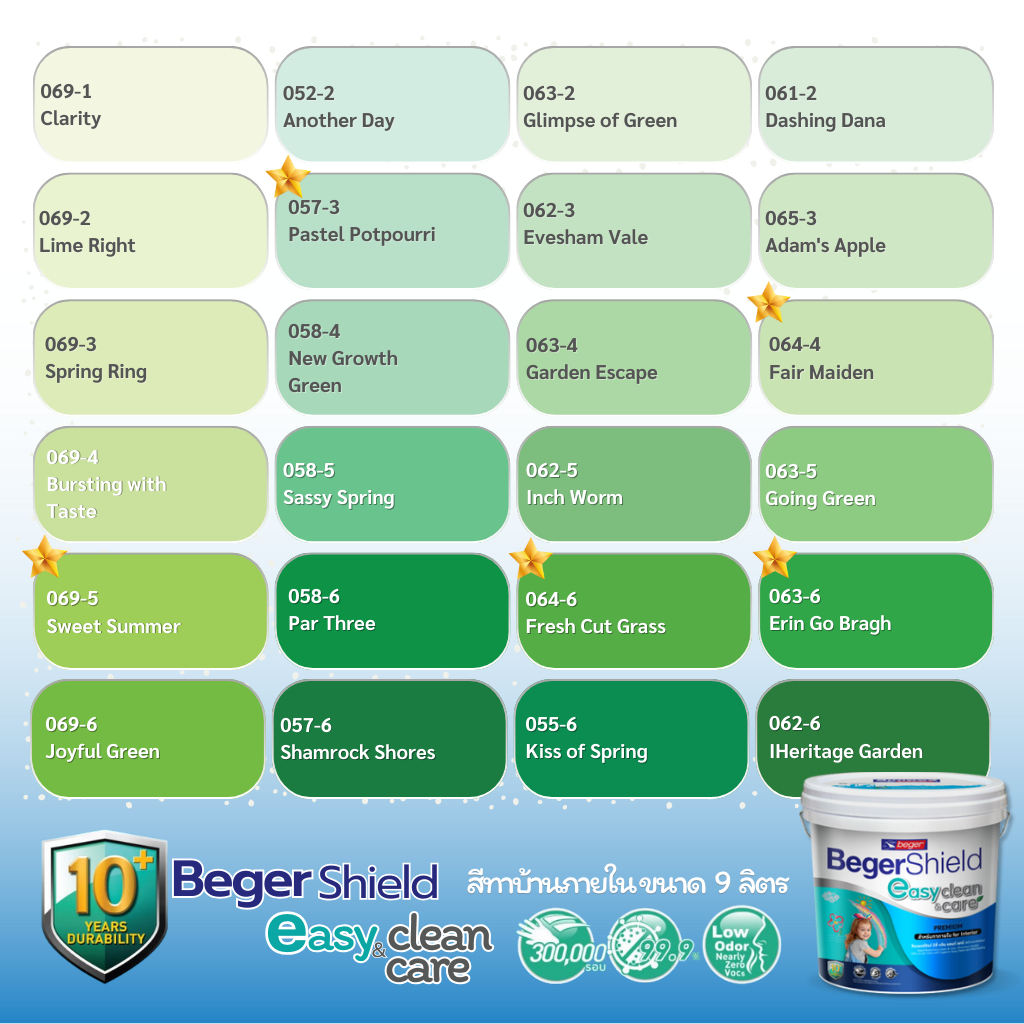 เบเยอร์ชิลด์ อีซี่คลีน & แคร์ Easy Clean & Care สีทาภายใน สีเขียว กึ่งเงา ขนาด 9 ลิตร เกรดพรีเมียม 10 ปี กลิ่นอ่อน
