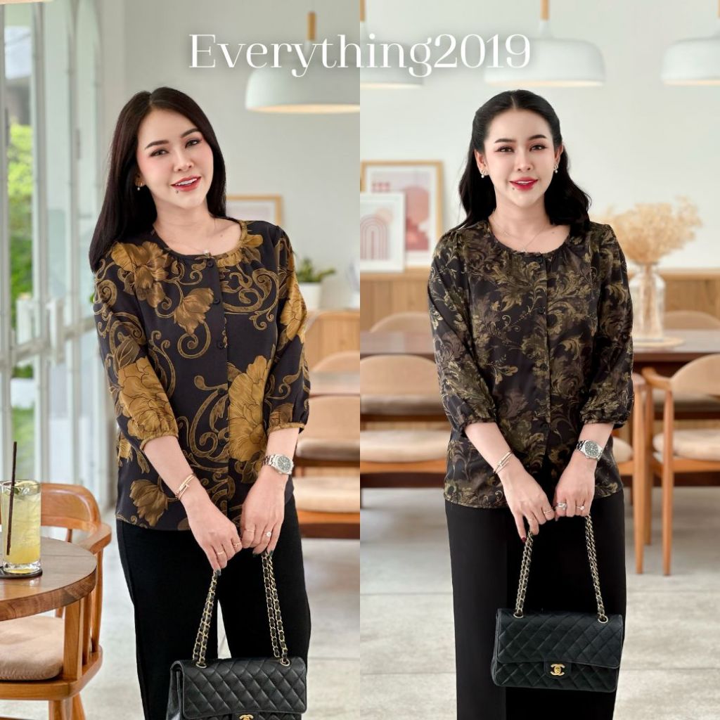Everything2019 เสื้อทำงานผู้หญิงกลม แขน5ส่วน กระดุมหน้า ลายสวย ไม่ซ้ำใคร พร้อมส่ง (2039)