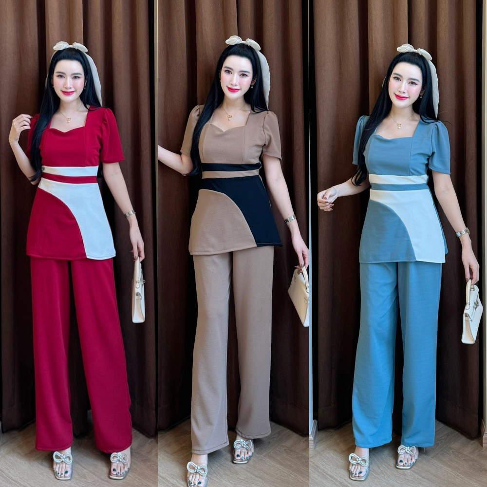 สินค้าพร้อมส่ง ชุดเซตยาวผ้าวูลเวฟ เสื้อทรงยาวคอเหลี่ยมแต่งทรูโทนผ่าข้างสม็อคหลัง+กางเกงเอวเรียบสม็อคหลังมีกระเป๋า A4999