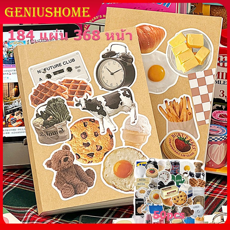 DIY สมุดโน๊ต insสติ๊กเกอร์ สมุดบันทึกนักเรียนเปล่า คละแบบ ปกคราฟท์ปกดำเย็บขอบ ความหนาหลายขนาด 184แผ่น B6-133mm*189mm