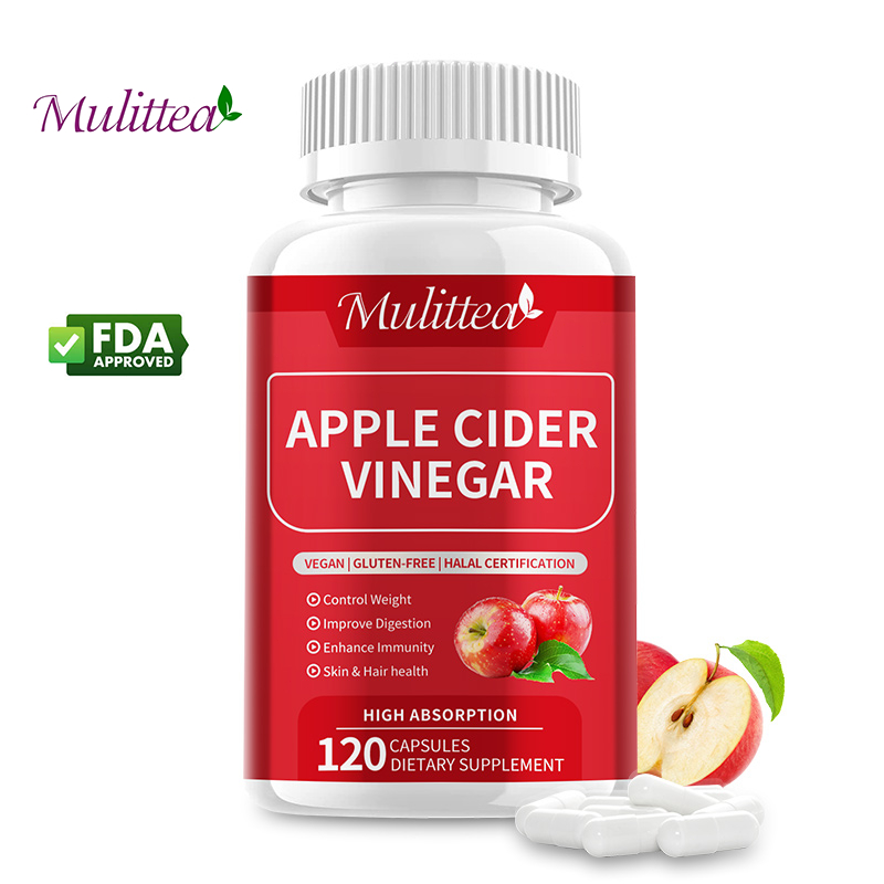 Mulittea Apple Cider Vinegar Hard Capsules ลดน้ำหนัก, การย่อยอาหาร, การดูแลผิว, ดีท็อกซ์, ต่อต้านความเมื่อยล้า 120 เม็ด