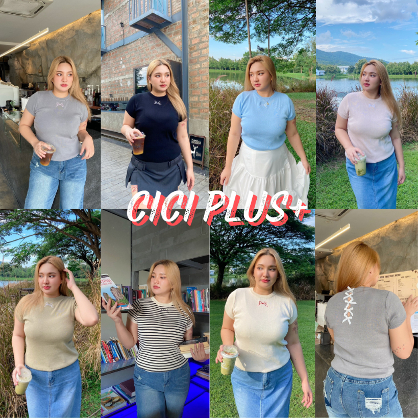 CiCi Plus+(2061-1)เสื้อไหมพรมแขนสั้นปักลายโบว์ ดีเทลเว้าหลังแอบแซ่บ เหมาะสำหรับสาวพลัสไซส์