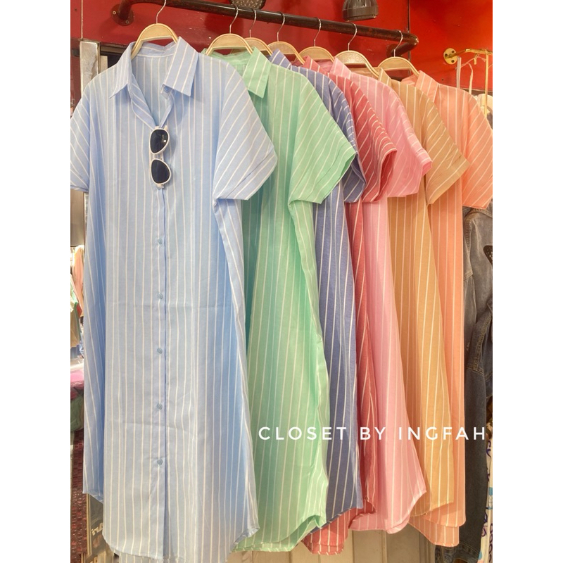 Maxi dress shirt ชุดเดรสเชิ้ตยาว แขนสั้น ลายริ้ว
