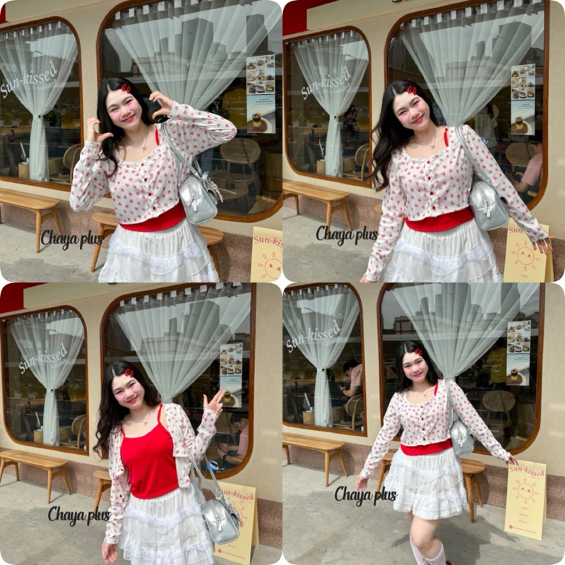 เสื้อครอป 2 ชิ้น เสื้อสายเดี่ยวพร้อมเสื้อคุลมแขนยาวงานปริ๊นดอก