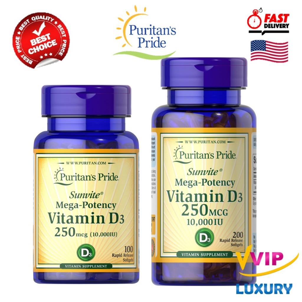 วิตามินดีสาม vitamin D3 250 mcg (10,000 iu) 200 /100 softgels puritan's pride