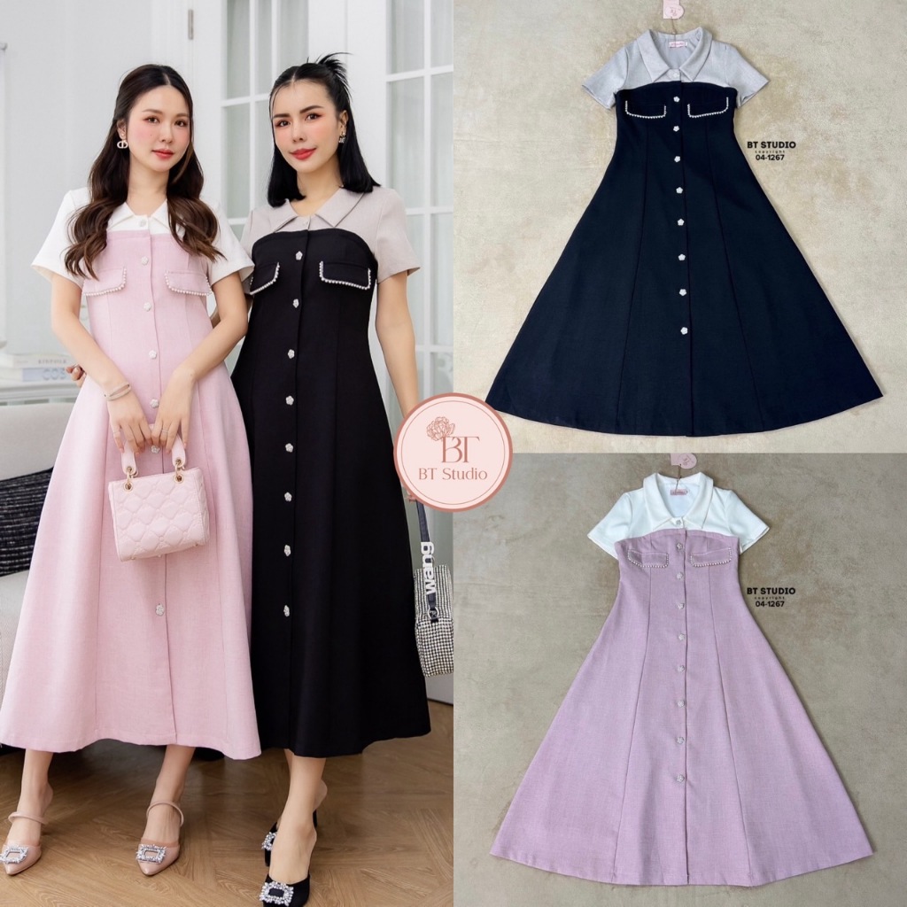 BT 04-1267 ชุดเดรสยาว เนื้อผ้าทวิสต์ช่วงอกจนถึงปลายกระโปรง