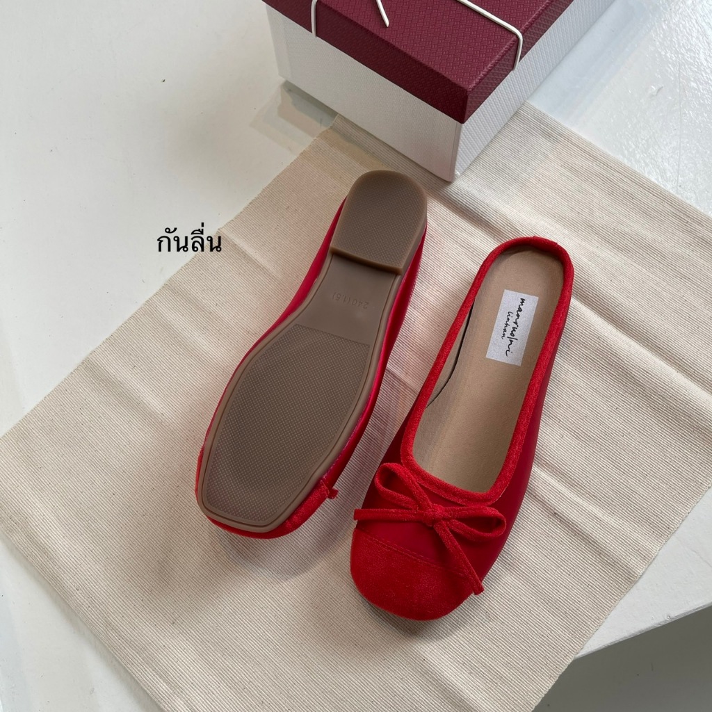 (พร้อมส่งจากไทย) รองเท้าเปิดส้นมีโบว์ สีแดง รุ่น JANE